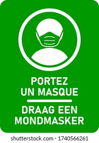 Vertical Bilingual Instruction Icon with the Phrases "Portez Un Masque" and "Draag Een Mondmasker", both Meaning "Wear a Face Mask" in French and Dutch Respectively. Vector Image.