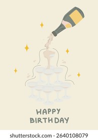 Vertical birthday greeting card and party invitation. Festive postcard for celebrating with vintage cake, champagne, flower and text. Make a wish. Funny flat hand drawn birthday card design