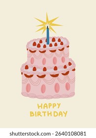 Vertical birthday greeting card and party invitation. Festive postcard for celebrating with vintage cake, champagne, flower and text. Make a wish. Funny flat hand drawn birthday card design