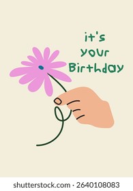 Vertical birthday greeting card and party invitation. Festive postcard for celebrating with vintage cake, champagne, flower and text. Make a wish. Funny flat hand drawn birthday card design