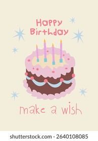 Vertical birthday greeting card and party invitation. Festive postcard for celebrating with vintage cake, champagne, flower and text. Make a wish. Funny flat hand drawn birthday card design