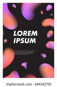 Vertical  black abstract background with liquid bright plasma drops. Cover template with colorful fluid shapes. Vector poster with place for text.
