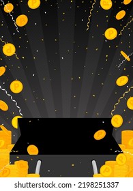 vertical black background with coins and confetti flying out of paper bag
