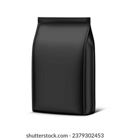 Vertical black bag mockup. Flat bottom gusset bag. Half side view. High realistic. Vector illustration isolated on white background. Ready for use in presentation, promo, advertising and more. EPS10.