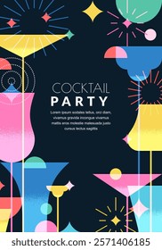 Vertical black banner, poster with colorful cocktails and fireworks. Vector illustration. Abstract geometric night party design. Alcoholic, non-alcoholic drinks cocktail menu, bar elements