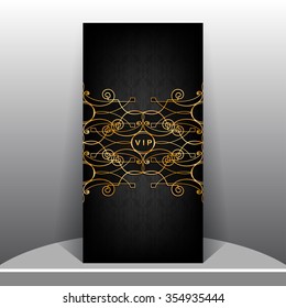 Vertical black card with golden ornament. Decorative horizontal stylized pattern on black background. VIP card template vector design.