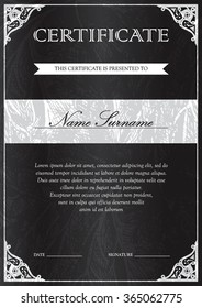 Vertical black certificate and diploma template with vintage, floral, filigree and cute pattern for winner for achievement. Blank of award coupon. Vector