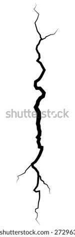 Vertical Black Crack Isolated on White Background, Earthquake Fracture Concept, Long Jagged Black Crack Line, Broken Ground or Damage Concept