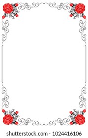 Vertical black frame with red roses and vintage curls.