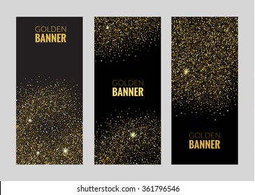 Banners verticales en negro y oro, diseño de tarjetas de felicitación. Polvo dorado. Ilustración vectorial. Plantilla de invitación de póster. 