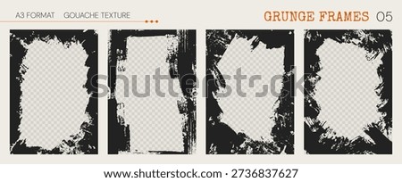 Vertical black gouache frames. Abstract borders with raw brush textures and grunge edges for posters, photos, and vintage designs. Set of artistic templates. Isolated elements.