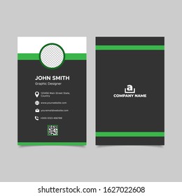 Vertical Black Green Business Card Template With Photo. Vector Illustration EPS 10