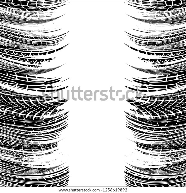 Vertical black grunge waved tire tracks\
isolated on white\
background