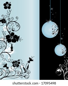 Vertical black and light blue background pattern with floral ornaments and hanging balls