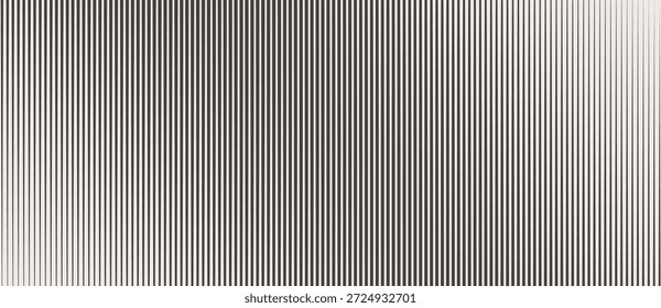 Vertical black lines on white background vary in thickness and spacing, creating optical illusion of motion and depth. Abstract texture makes dynamic distortion with minimal geometric rhythm.