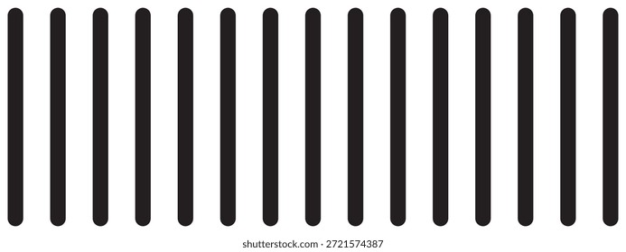 Vertikal schwarze, parallele, gerade Stifte einzeln auf weißem Hintergrund. Einfacher gestreifter Grafikdruck. Struktur der Gefängnisstange. Minimalistische Vektorgrafik.