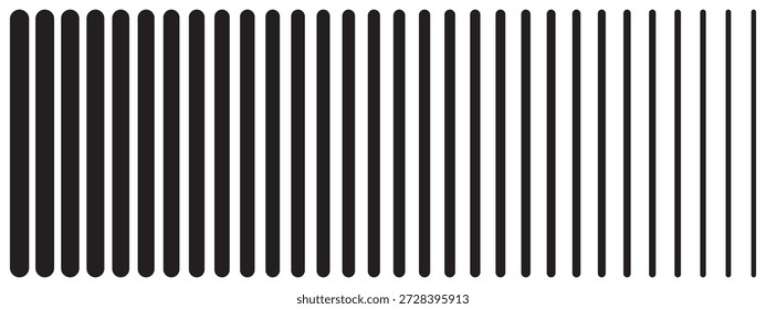 Vertikale schwarze, parallele, gerade Sticks mit unterschiedlicher Dicke, einzeln auf weißem Hintergrund. Einfacher gestreifter Grafikdruck. Blendenstruktur. Minimalistische Vektorgrafik.