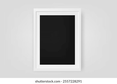 Vertical black picture with white frame on the wall. 3d vector mockup
