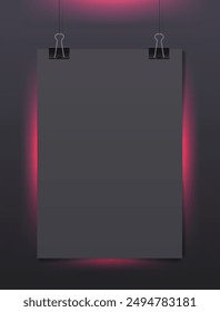 Vertical black sheet of paper hanging on binder clips with pink neon backlight. Realistic vector illustration