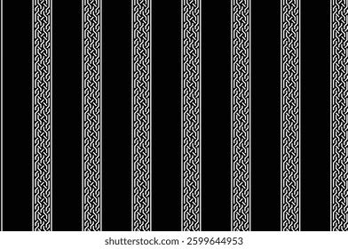 Vertical black stripes alternating with white braided knot pattern stripes, for textile, wallpaper, gift wrapping.