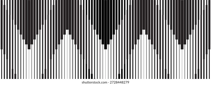 Vertikale schwarze Streifen mit unterschiedlicher Dicke. Hintergrund für parallele Linien. Muster mit dynamischem Bewegungseffekt. Abstrakter geometrischer Druck mit Kontraststreifen. Vektorgrafik.