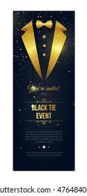 Vertical Black Tie Event Invitation.  Elegant black  card with golden sparkles.  Black banner with businessman suit. Vector illustration