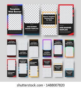 Plantillas de banner web en negro vertical con espacio para imagen y marcos con bordes fotográficos. Un conjunto de tamaños estándar para negocios y publicidad. Ilustración vectorial.