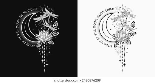 Vertical black and white celestial composition, label with lotus flower, flying fantasy dragonflies, moon crescent, stars, text. Mysterious, mystical concept. Vintage style.