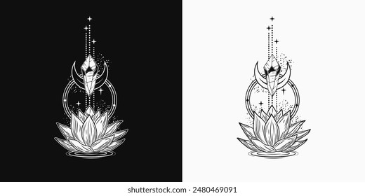 Vertical en blanco y negro con flor de loto, cristal mágico brillante. Misterioso, concepto místico para la meditación, conciencia clara. Estilo Antiguas.