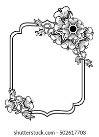 Vertical black and white frame with abstract flowers. Vector clip art.