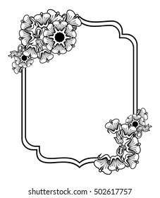 Vertical black and white frame with abstract flowers. Vector clip art.