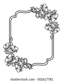 Vertical black and white frame with abstract flowers. Vector clip art.
