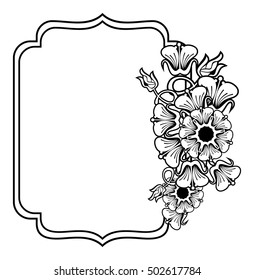 Vertical black and white frame with abstract flowers. Vector clip art.
