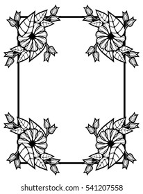 Vertical black and white frame with abstract decorative flowers. Copy space. Vector clip art.