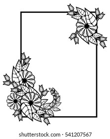 Vertical black and white frame with abstract decorative flowers. Copy space. Vector clip art.