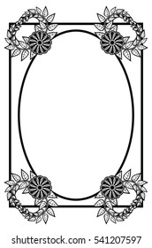 Vertical black and white frame with abstract decorative flowers. Copy space. Vector clip art.