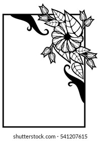 Vertical black and white frame with abstract decorative flowers. Copy space. Vector clip art.