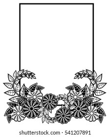 Vertical black and white frame with abstract decorative flowers. Copy space. Vector clip art.
