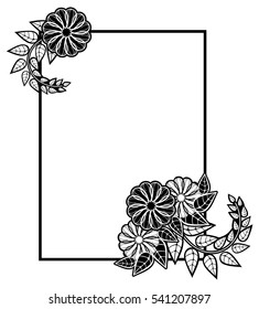 Vertical black and white frame with abstract decorative flowers. Copy space. Vector clip art.