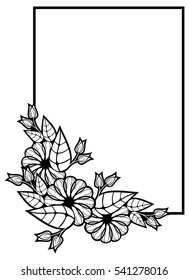 Vertical black and white frame with abstract decorative flowers. Copy space. Vector clip art.
