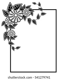 Vertical black and white frame with abstract decorative flowers. Copy space. Vector clip art.