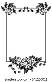 Vertical black and white frame with abstract decorative flowers. Copy space. Vector clip art.