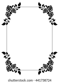 Vertical black and white frame with roses silhouettes. Vector clip art.