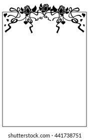 Vertical black and white frame with roses silhouettes. Vector clip art.