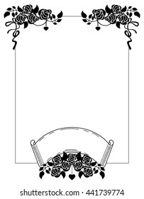 Vertical black and white frame with roses silhouettes. Vector clip art.