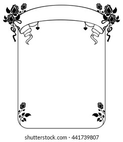 Vertical black and white frame with roses silhouettes. Vector clip art.