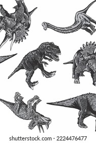 Vertical black and white pattern with dinosaurs, stylish dino cover for fabric, postcards, wallpapers,graphical vector illustration. Animals background design	