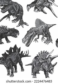 Vertical black and white pattern with dinosaurs, stylish dino cover for fabric, postcards, wallpapers,graphical vector illustration. Animals background design	
