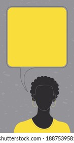 vertical blanc with silhouette of African no face woman with talking bubble on textured background, copy space with black woman, trend colours 2021 - ultimate grey, moonless night, illuminating yellow
