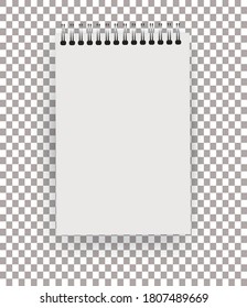 Vertical blank copybook with metallic silver spiral. Template (mock up) of organizer or diary isolated.. Blank realistic spiral notepad with crumpled paper sheets. Vector realistic closed notebook